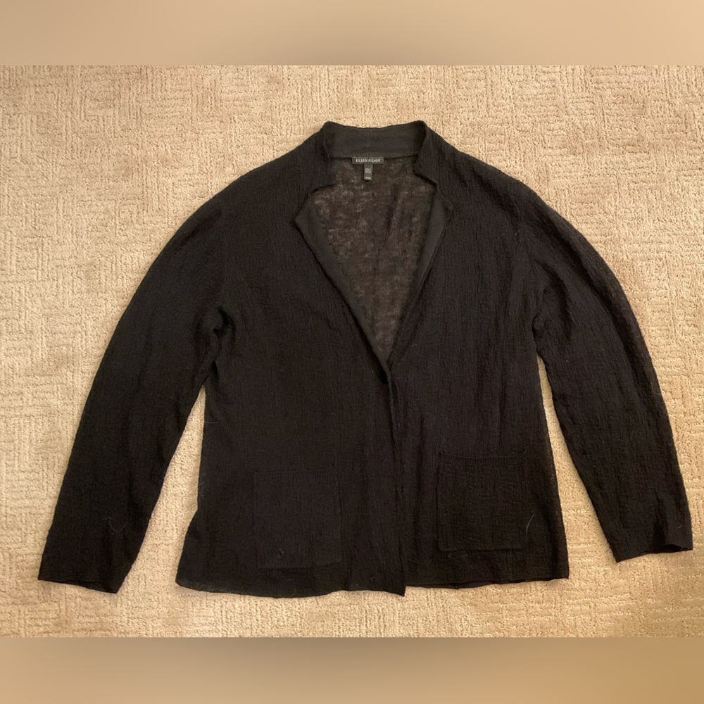 🖤🍃 Eileen Fisher 100% Organic Linen Black Crepe Knit Single Button Cardigan M